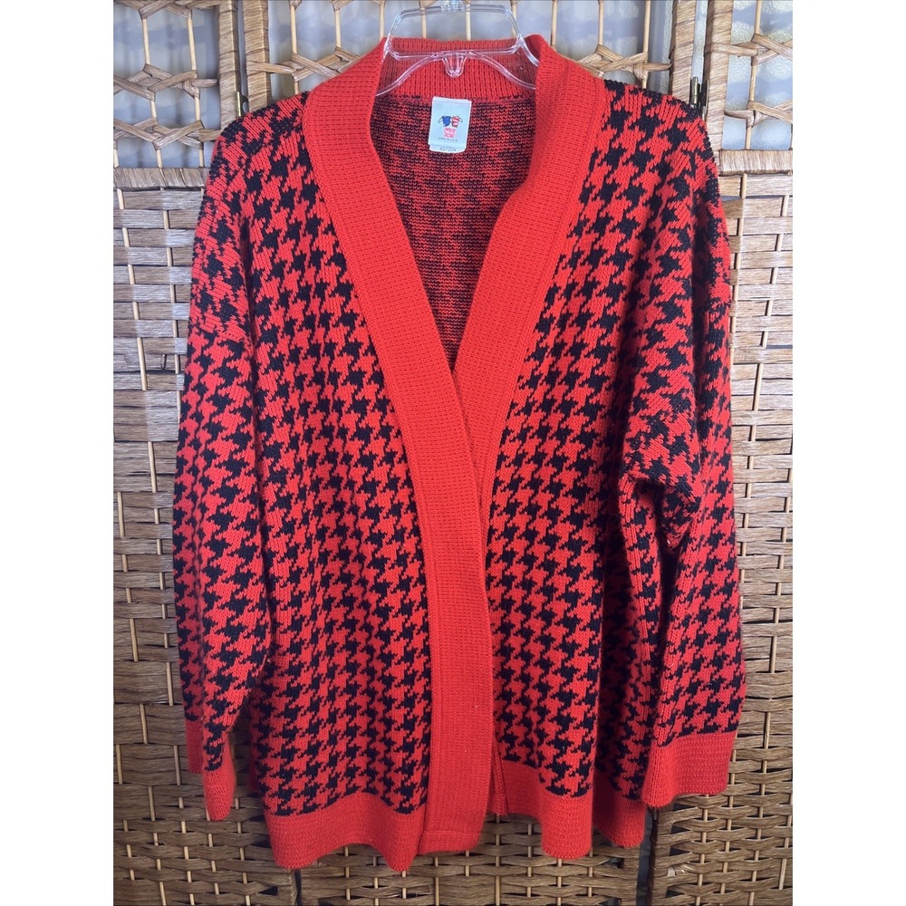 VTG 80s 90s Cardigan Sweater X LARGE Dad Grandpa Style Red Black Print